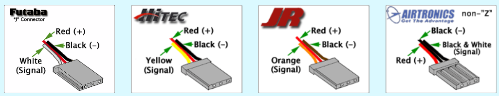 Servo connections, from http://fatlion.com/sailplanes/servos.html